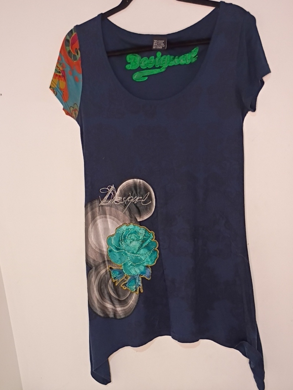 Desigual Navy Floral Scoop-Neck Short Sleeve Dress with Teal Flower